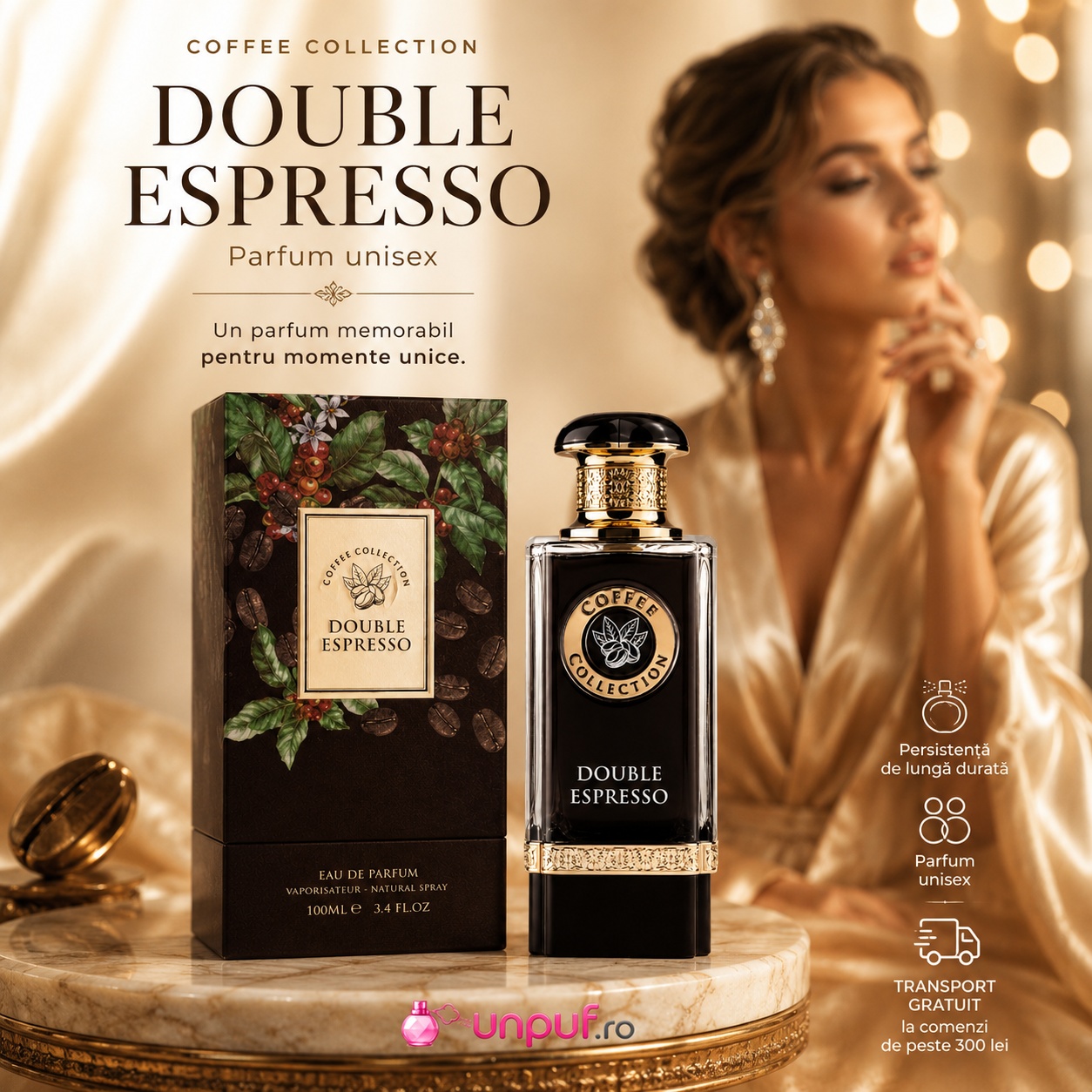 Double Espresso Fragrance World parfum unisex 100 ml cu flacon și cutie premium, parfum intens pentru momente unice