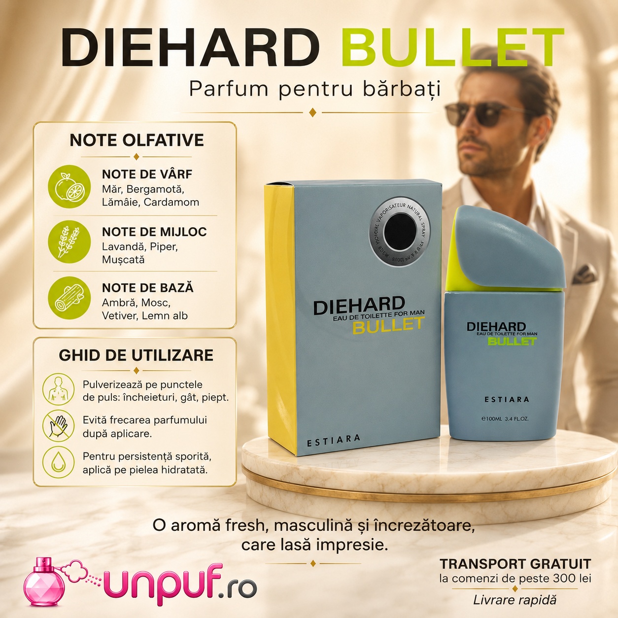 Prezentare parfum Estiara Die Hard Bullet cu note olfactive, ghid de utilizare și transport gratuit