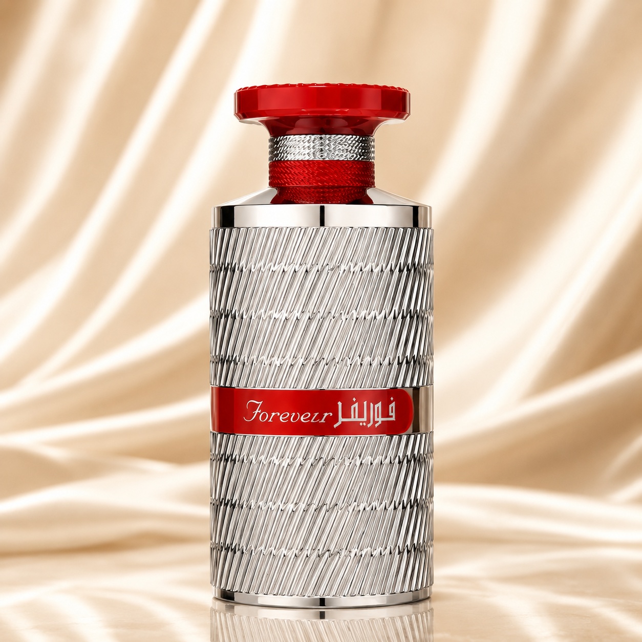 Flacon Forever Silver Ard Al Zaafaran 100 ml argintiu gravat cu capac roșu lucios și etichetă roșie elegantă
