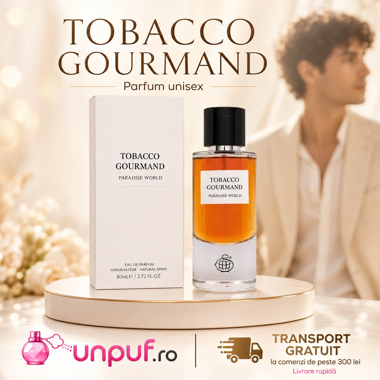 Parfum Fragrance World Tobacco Gourmand Eau de Parfum 80ml, aromă caldă, intensă și rafinată