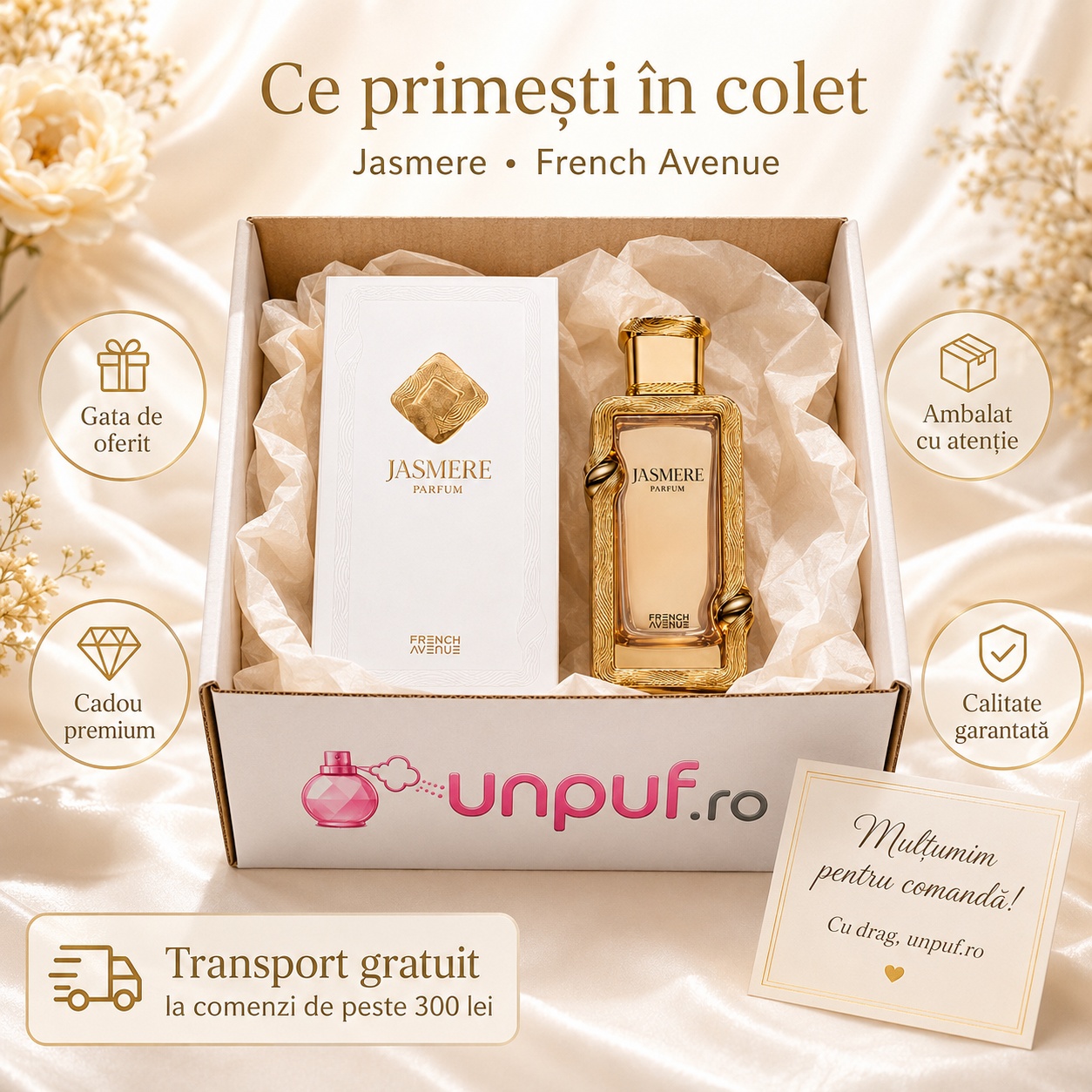 Colet parfum Jasmere French Avenue cu sticlă, cutie originală, ambalare atentă, card de mulțumire și transport gratuit unpuf.ro