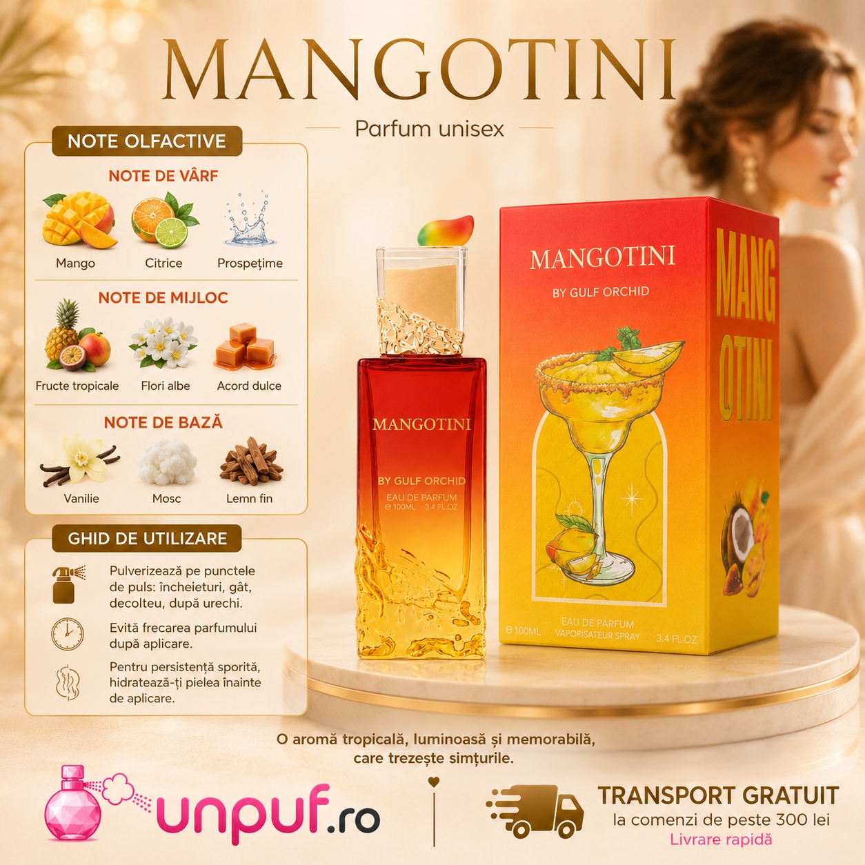 Profil olfactiv Gulf Orchid Mangotini cu note de mango, citrice, fructe tropicale, flori, vanilie și mosc