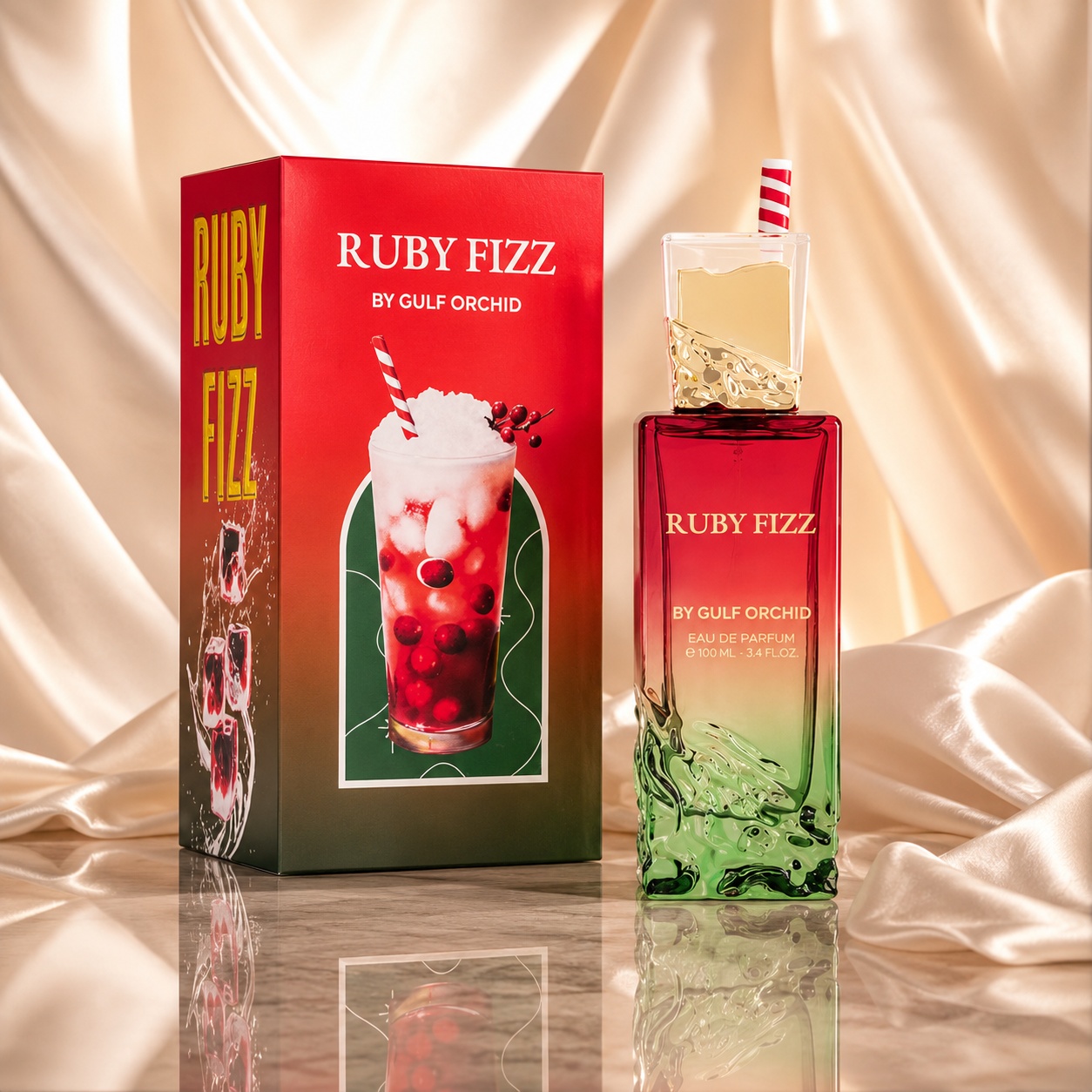 Parfum Arăbesc Gulf Orchid Ruby Fizz Eau de Parfum 100ml unisex, sticlă roșu verde și cutie elegantă