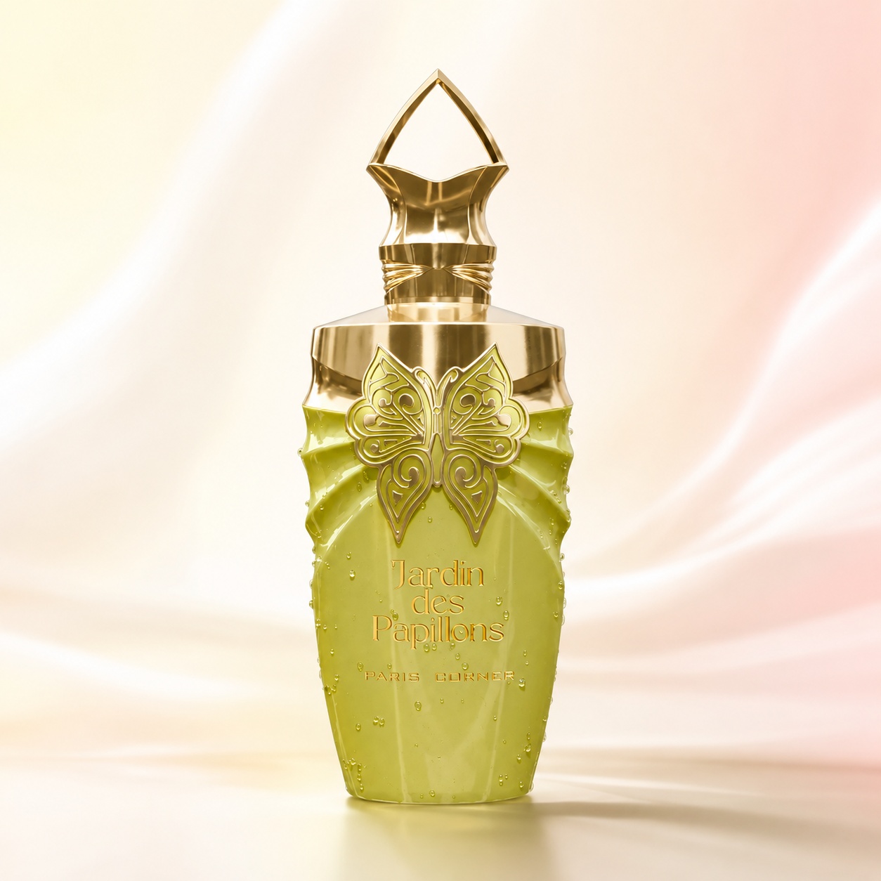Flacon Jardin Des Papillons Paris Corner 100 ml verde galben cu ornament fluture auriu, picături decorative și capac sculptural premium