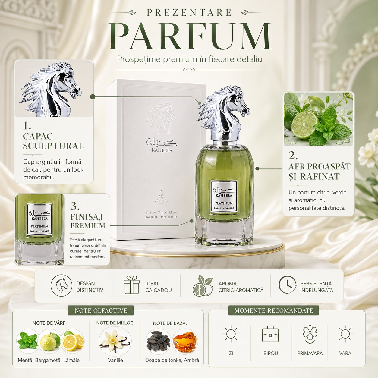 Prezentare Kaheela Platinum Paris Corner cu capac sculptural, aer proaspăt și rafinat, finisaj premium, design distinctiv și note de mentă, bergamotă, lăm&acirc;ie, vanilie, boabe de tonka și ambră