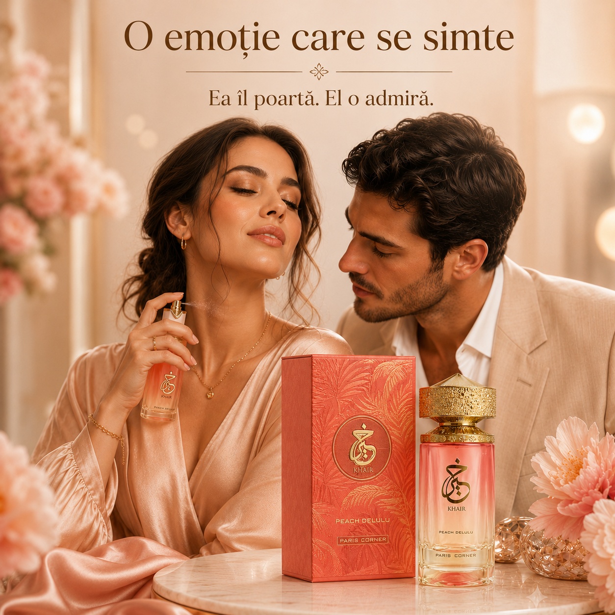 Khair Peach Delulu Paris Corner o emoție care se simte, parfum elegant fructat dulce și memorabil pentru damă și bărbat