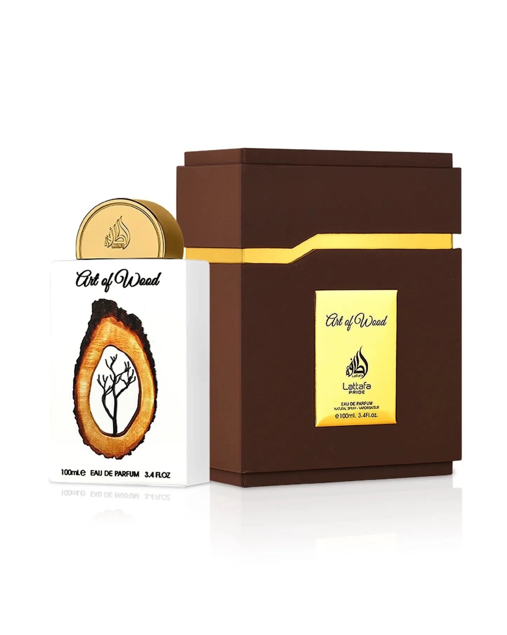 Cutie originală Lattafa Pride Art Of Wood 100 ml și flacon parfum arabesc damă