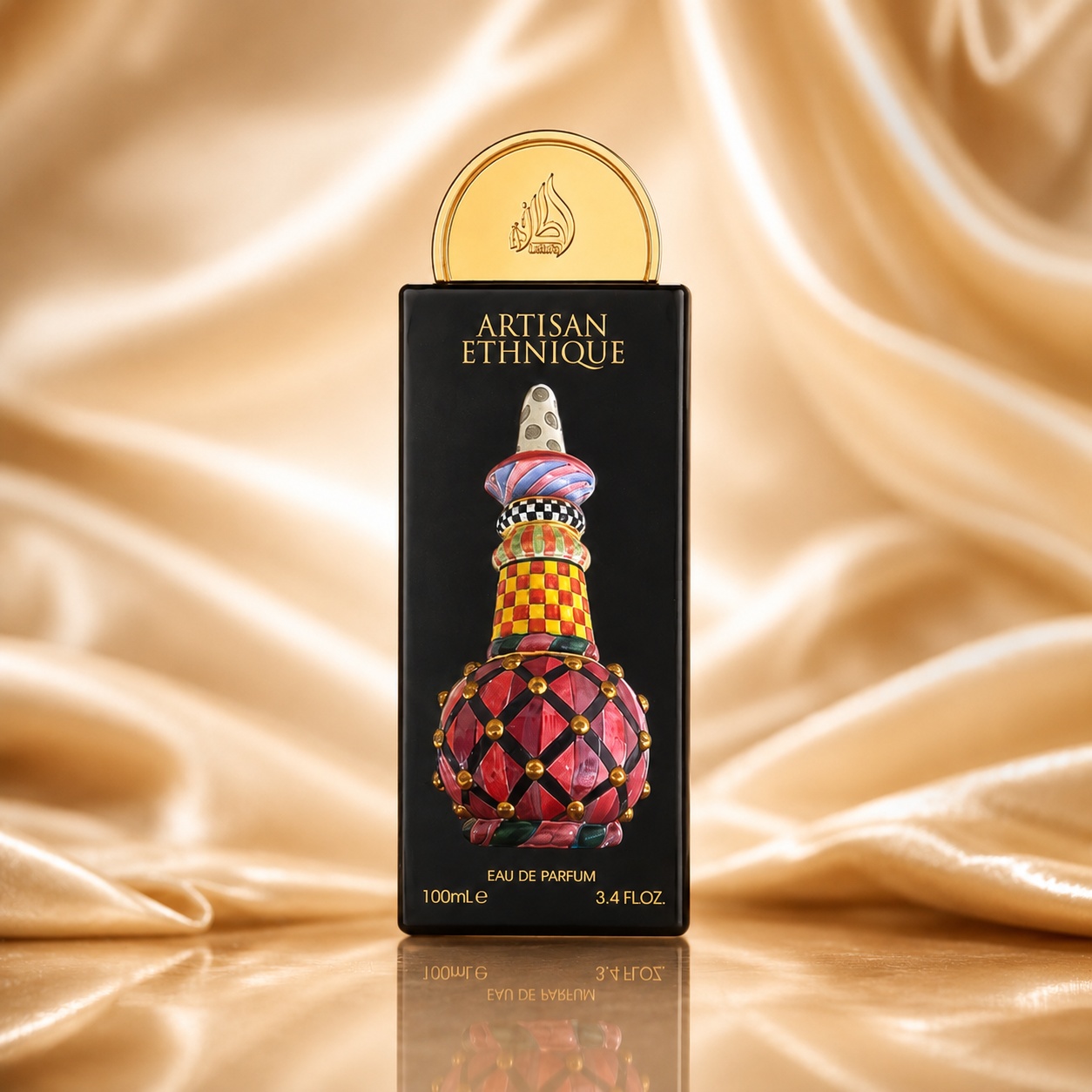 Flacon Lattafa Pride Artisan Ethnique 100 ml parfum damă negru cu ilustrație artistică și capac auriu elegant
