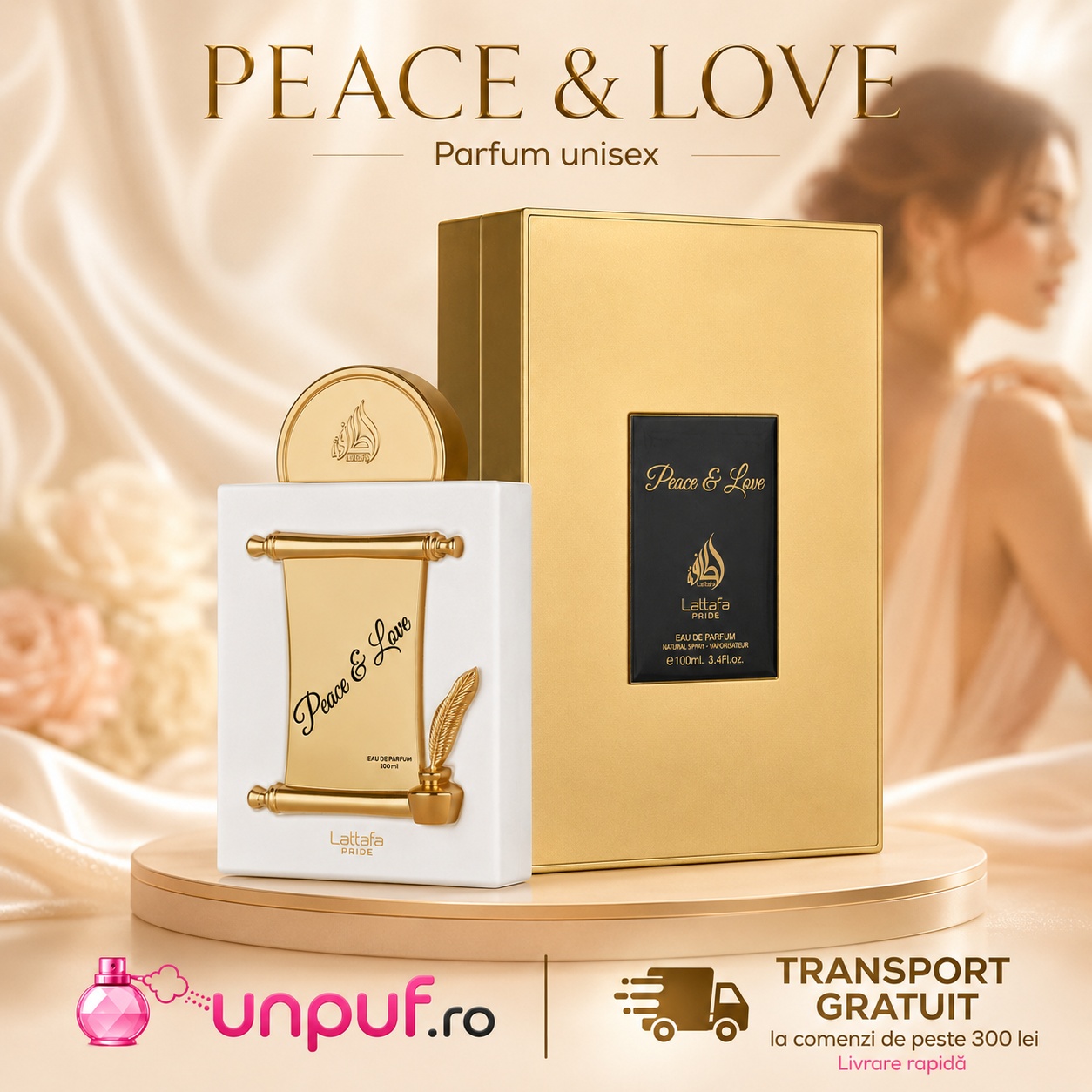 Lattafa Pride Peace & Love parfum 100 ml cu flacon alb și cutie aurie premium