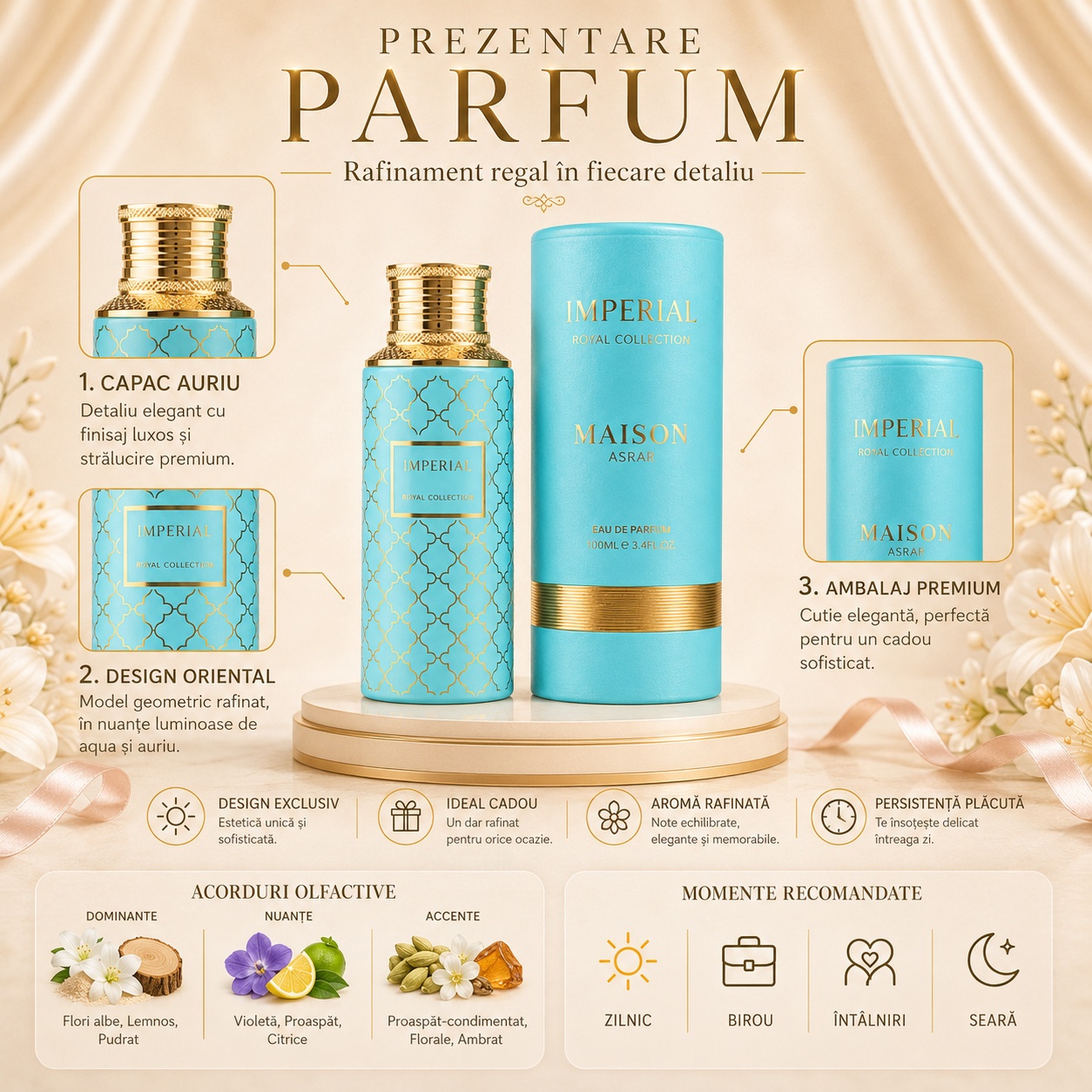 Prezentare Maison Asrar Imperial cu note citrice, violete, condimente, cedru, ambră și mușchi