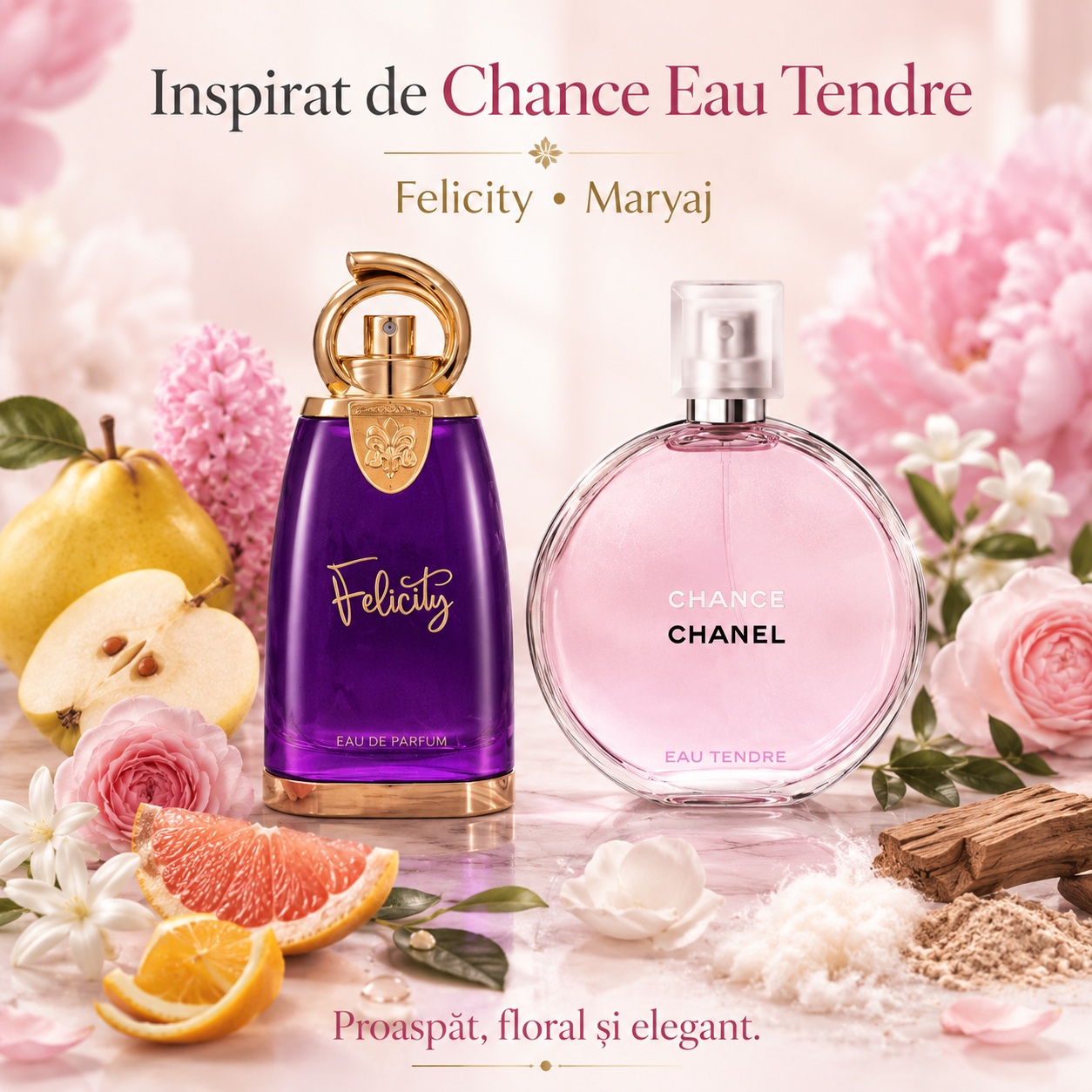 Maryaj Felicity direcție vizuală Chance Eau Tendre, parfum proaspăt floral și elegant