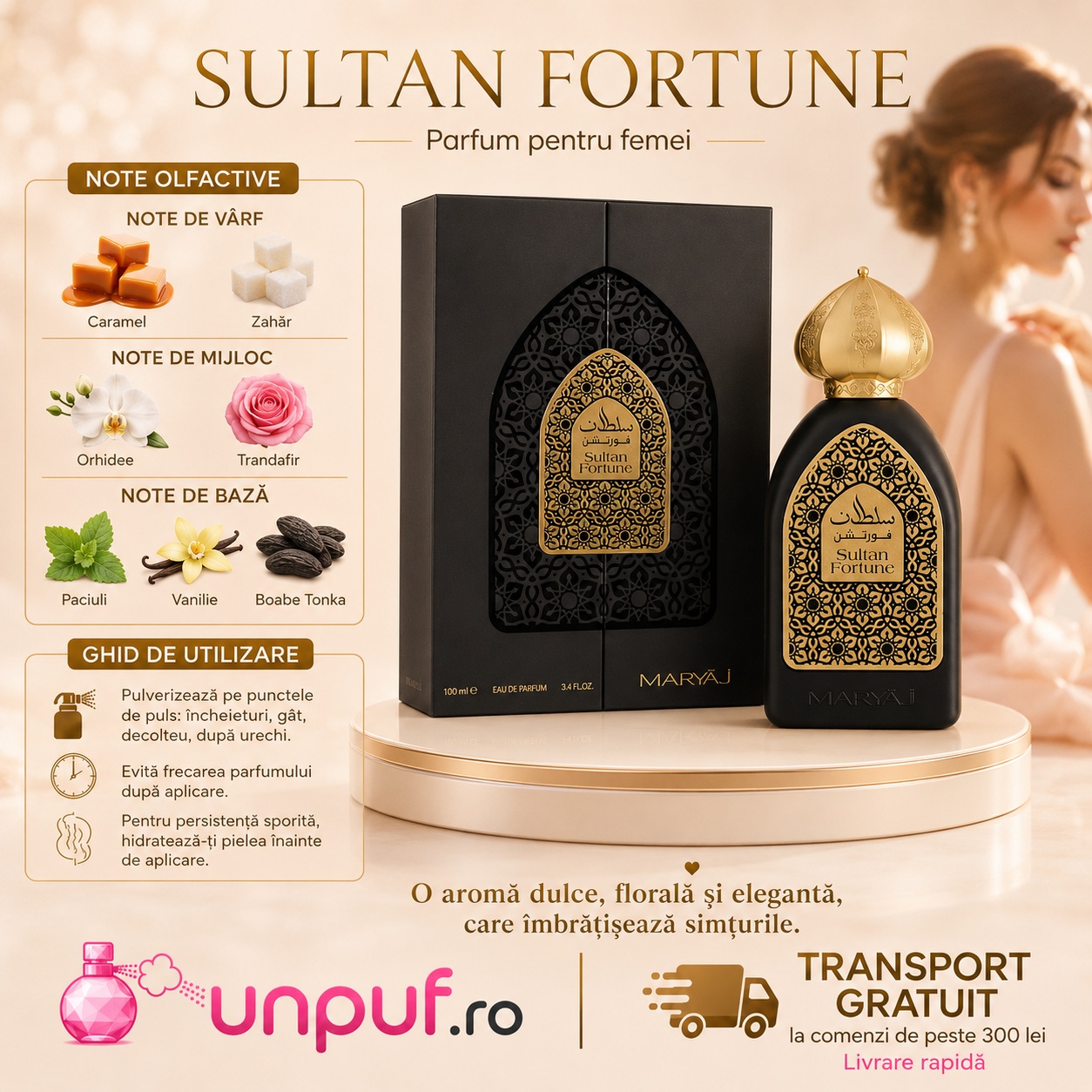 Maryaj Sultan Fortune note olfactive și ghid de utilizare cu caramel, zahăr, orhidee, trandafir, paciuli, vanilie și boabe tonka
