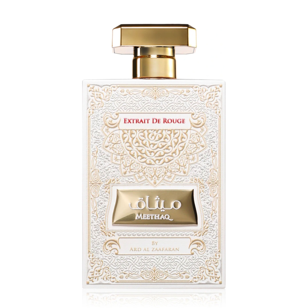 Meethaq Extrait de Rouge Ard Al Zaafaran parfum arăbesc amber floral pe fundal alb