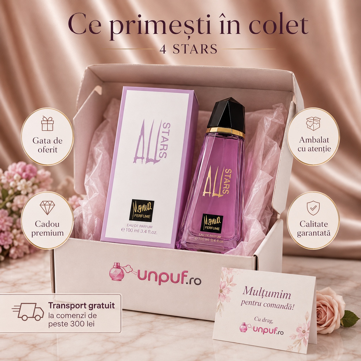 Ce primești în colet la Memwa All Stars Eau de Parfum 100ml, ambalaj premium UnPuf.ro