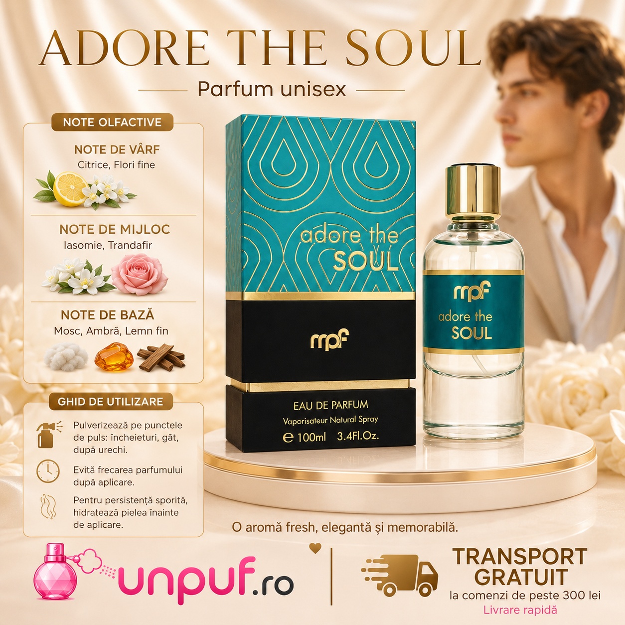 Note olfactive și ghid de utilizare My Perfumes Adore De Soul cu citrice, flori fine, iasomie, trandafir, mosc, ambră și lemn fin