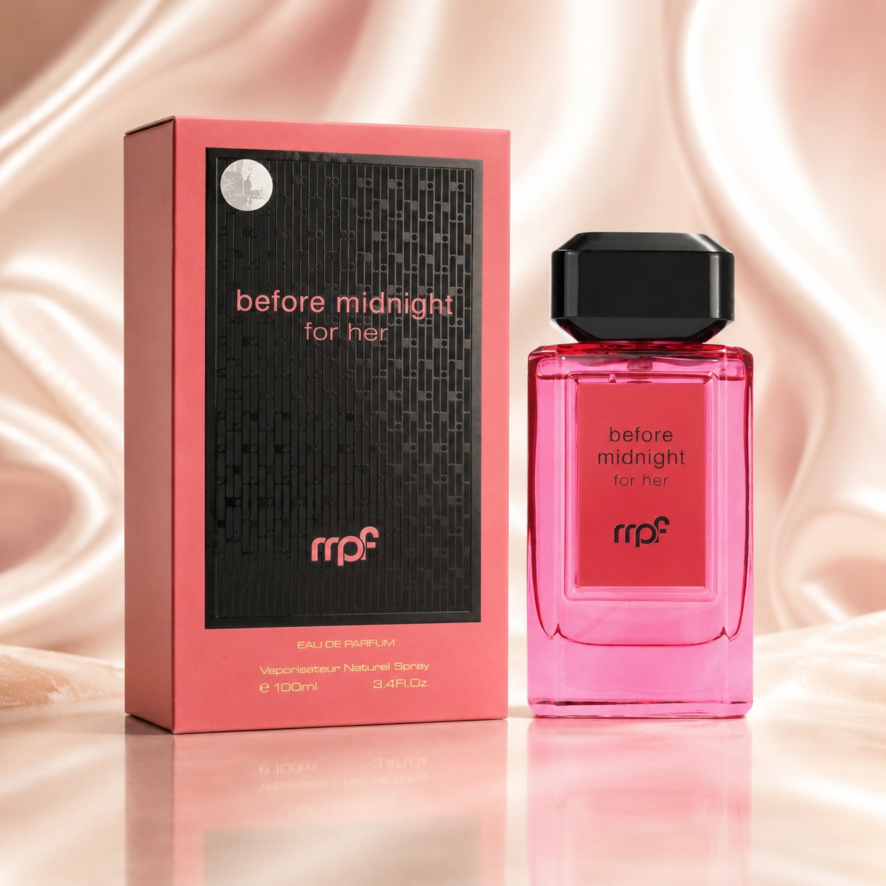 Sticlă My Perfumes Before Midnight For Her 100 ml cu design roz coral, capac geometric negru și cutie premium