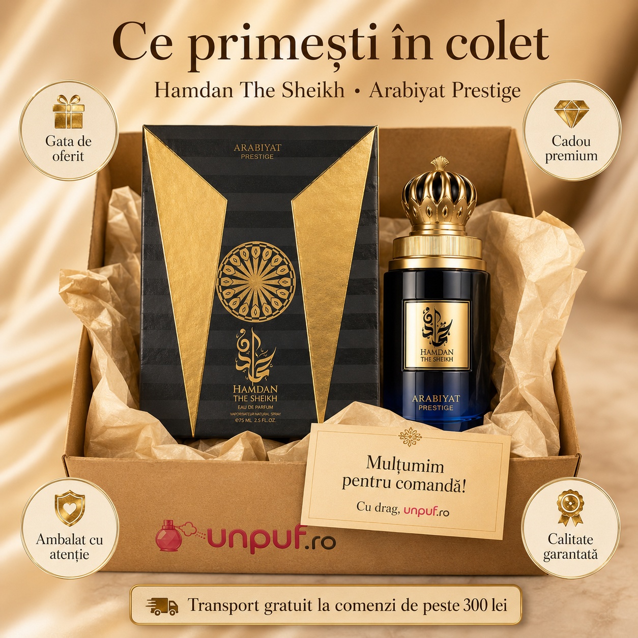 Ce primești în colet My Perfumes Hamdan The Sheikh 75 ml, parfum original, ambalare atentă și transport gratuit peste 300 lei