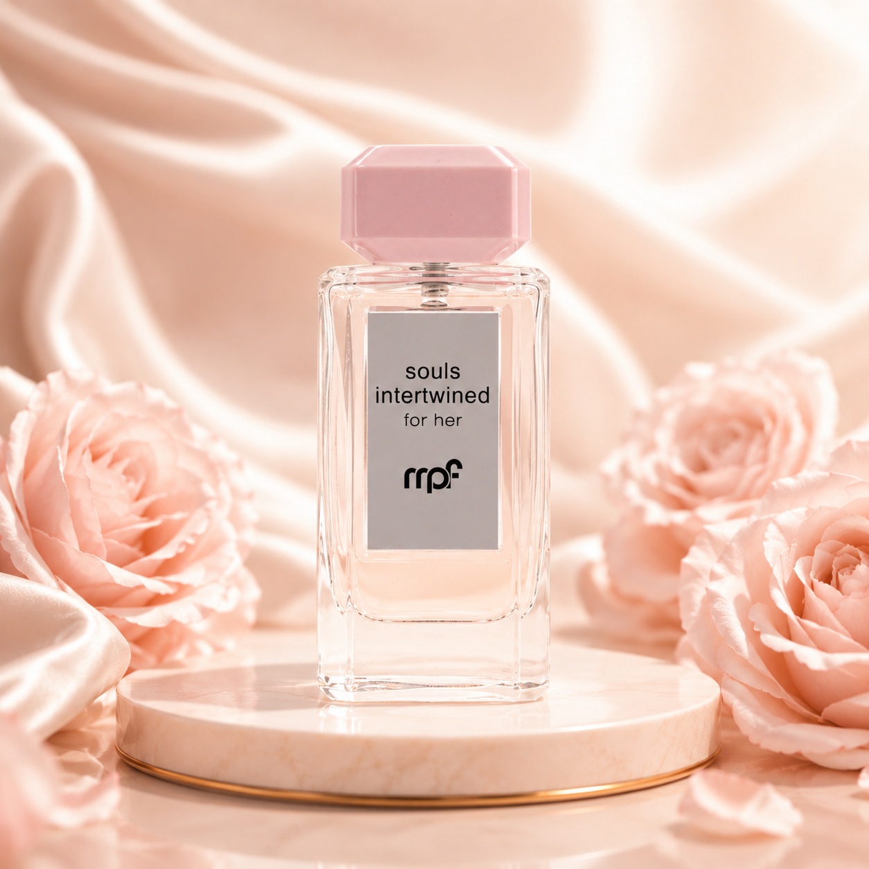 Flacon My Perfumes Souls Interwinded For Her 100 ml transparent, lichid roz delicat și capac roz fațetat