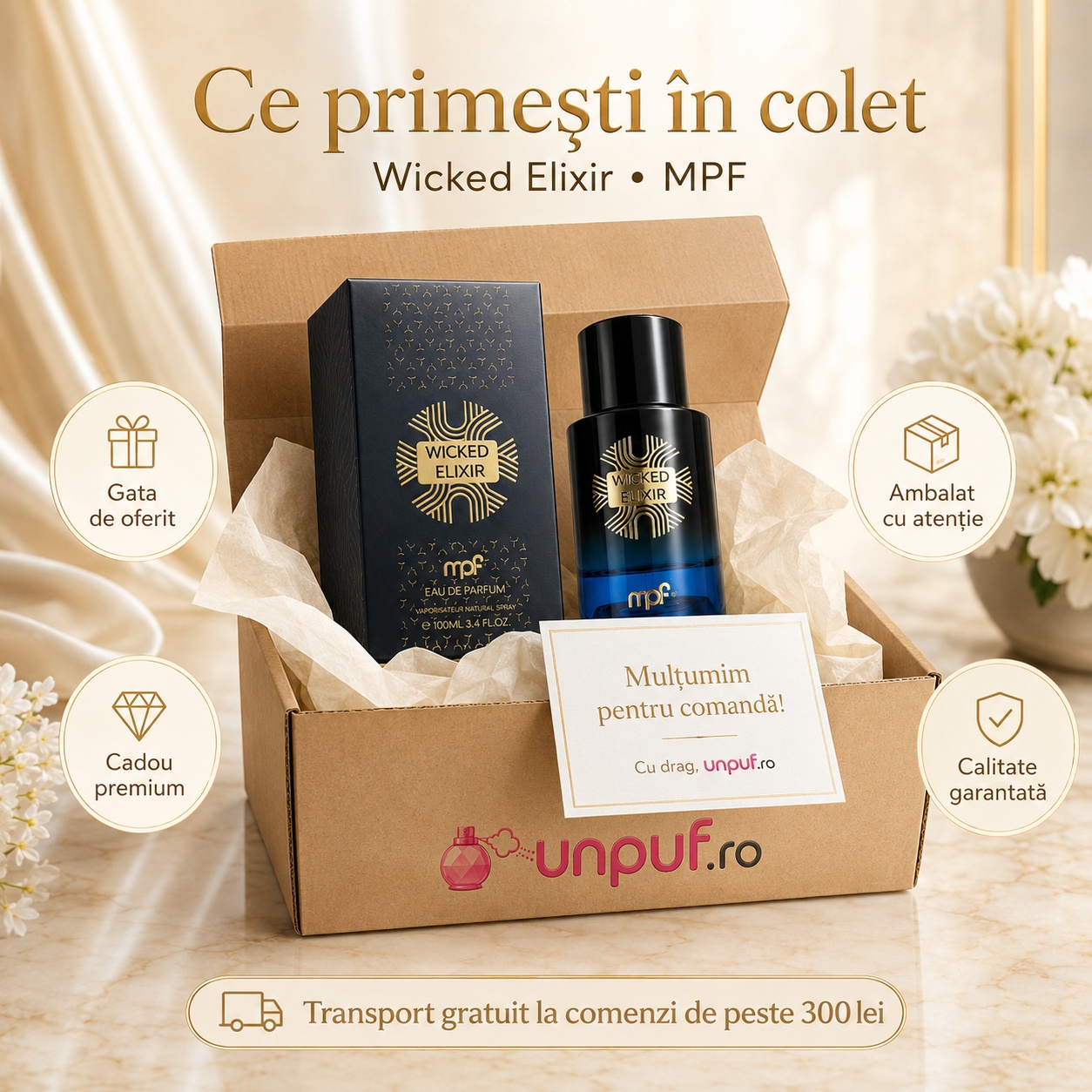 Ce primești în colet My Perfumes Wicked Elixir 100 ml, produs sigilat, ambalare premium și livrare atentă