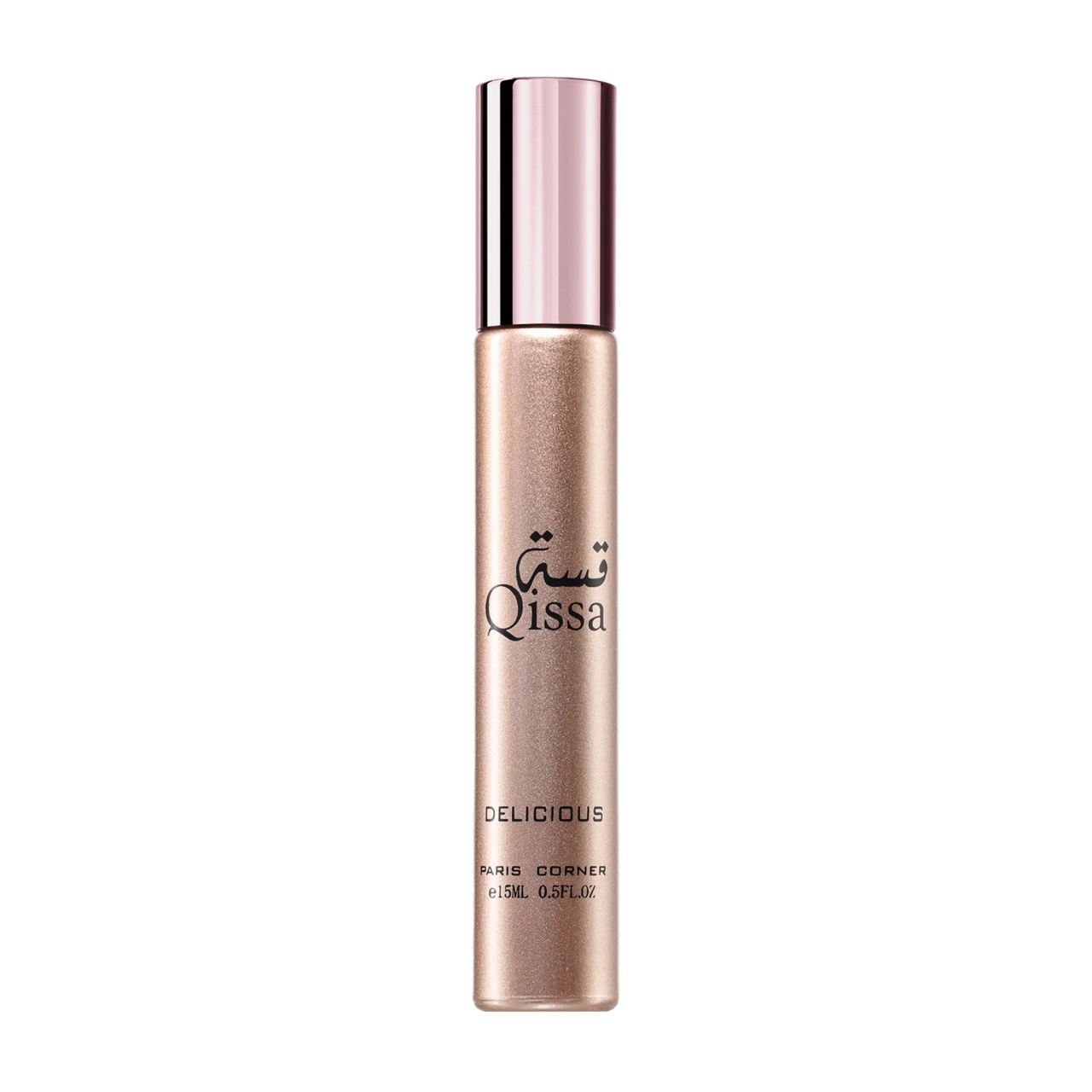 Qissa Delicious Paris Corner 15 ml sticlă parfum pe fundal alb