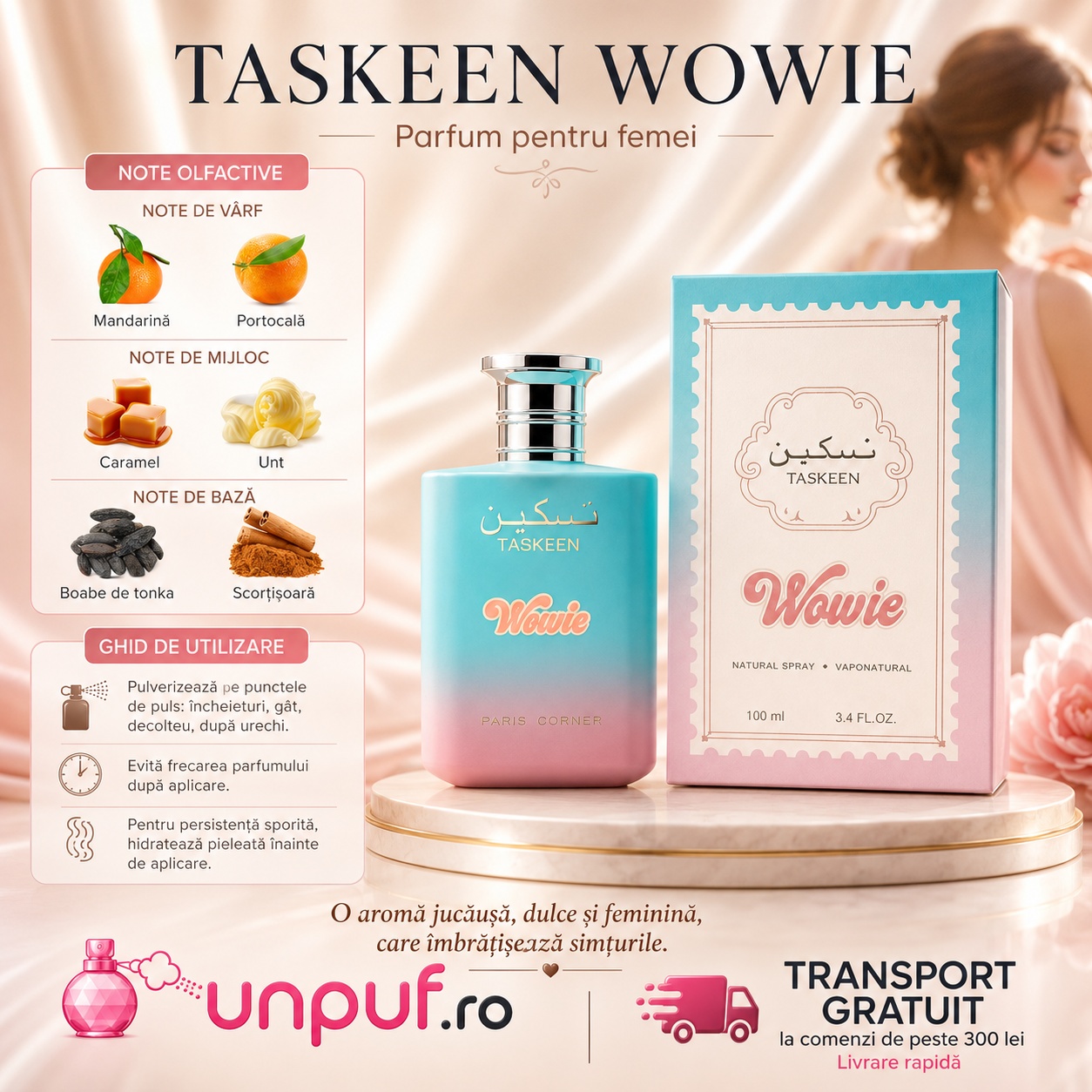 Taskeen Wowie Paris Corner parfum arăbesc unisex cu design pastelat și prezentare elegantă