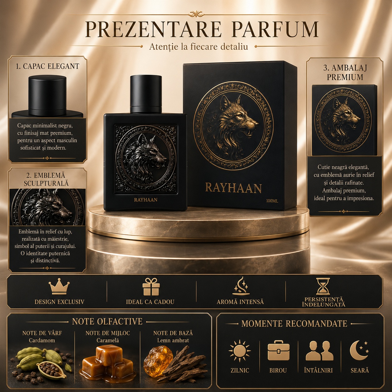 Prezentare parfum Wolf Rayhaan cu capac elegant, emblemă sculpturală, ambalaj premium, note olfactive și momente recomandate