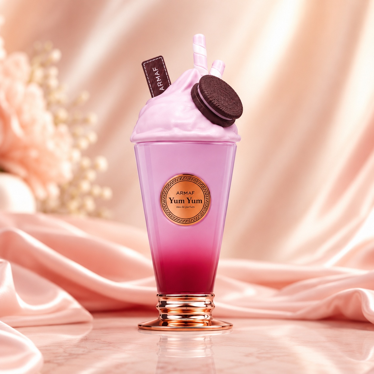 Flacon Yum Yum Armaf 100 ml pe fundal roz luminos premium