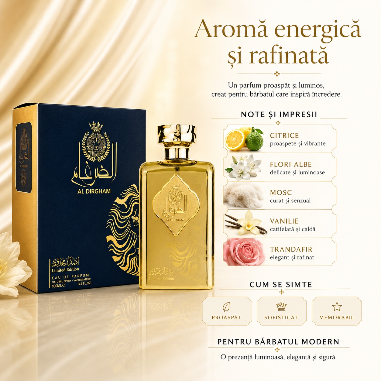 Ard Al Zaafaran Al Dirgham Limited Edition note olfactive citrice flori albe mosc vanilie și trandafir