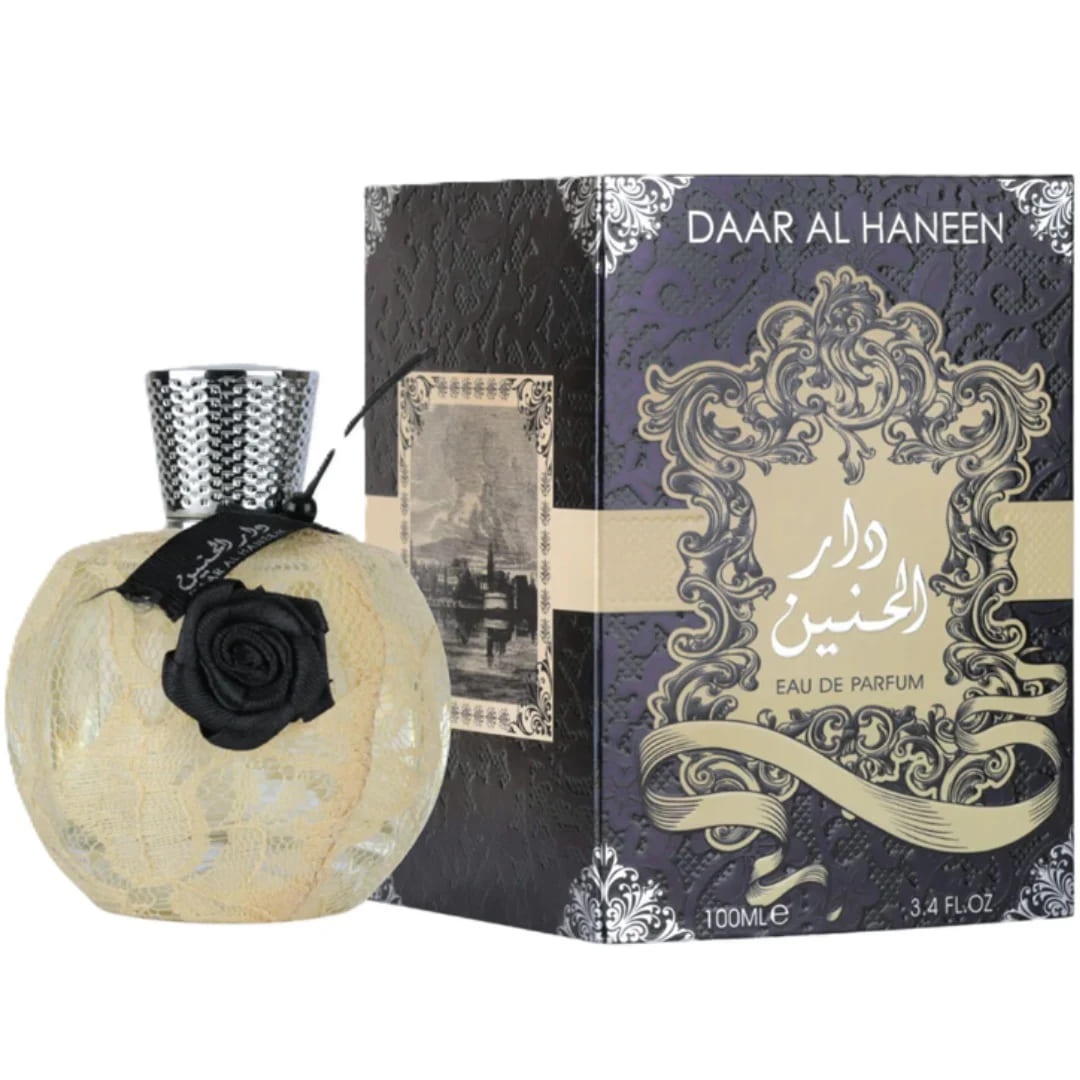 Flacon original Daar Al Haneen Ard Al Zaafaran 100 ml cu cutie neagră și aurie parfum arăbesc de damă