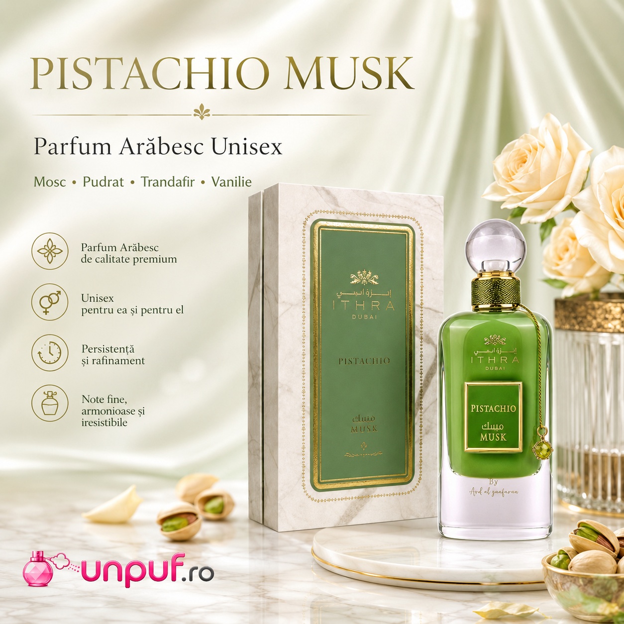 Ithra Pistachio Musk Parfum Arăbesc Unisex cu mosc, pudrat, trandafir și vanilie