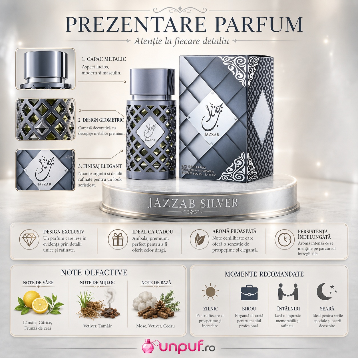 Prezentare premium Ard Al Zaafaran Jazzab Silver cu flacon argintiu, capac metalic, design geometric și note olfactive