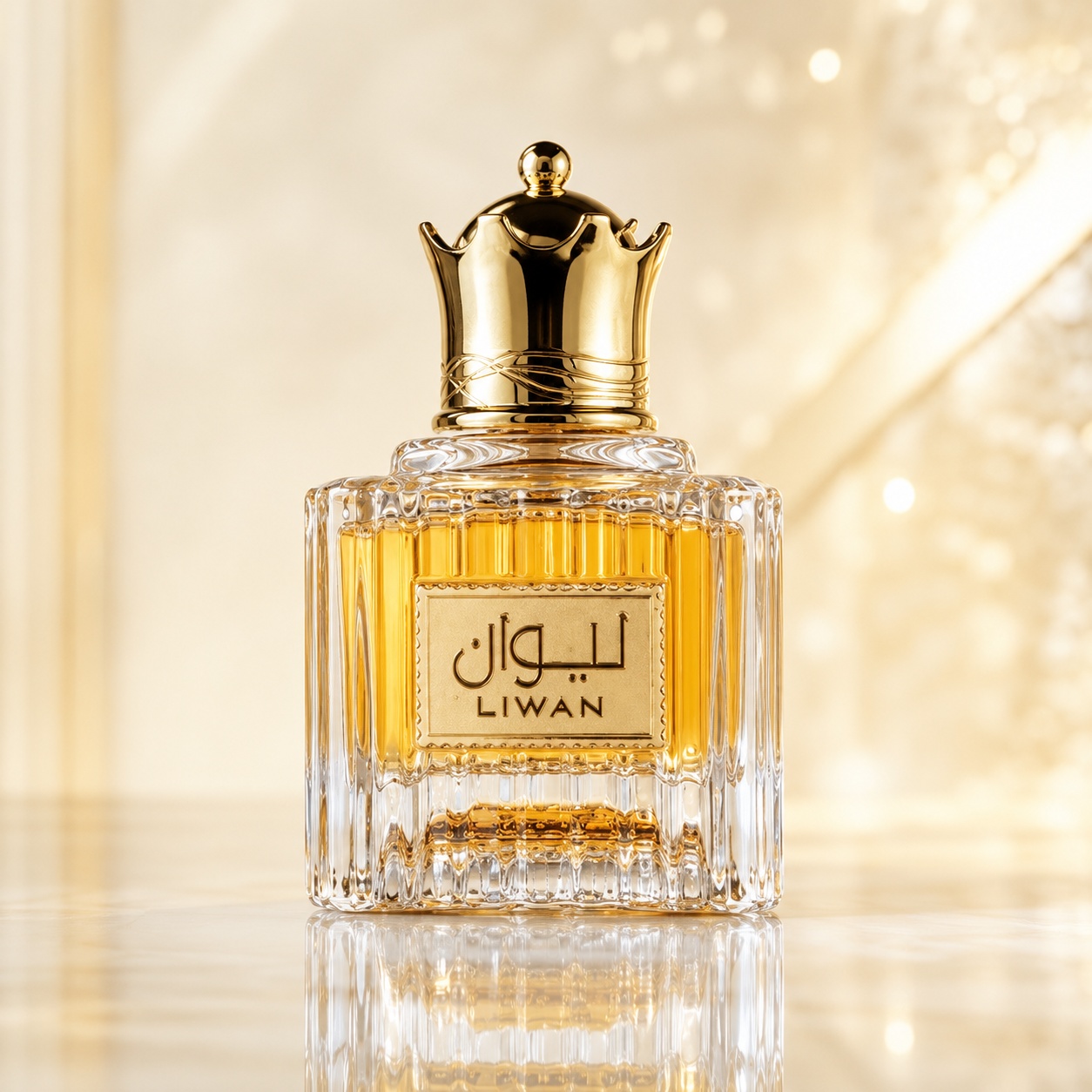Flacon Liwan Ard Al Zaafaran 100 ml parfum arăbesc unisex cu sticlă transparentă și capac regal auriu