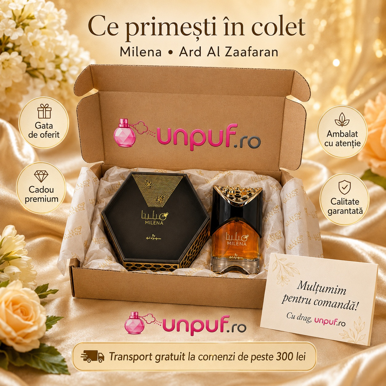 Ce primești &icirc;n colet Milena Ard Al Zaafaran 100 ml parfum de damă ambalat cu atenție pentru cadou premium