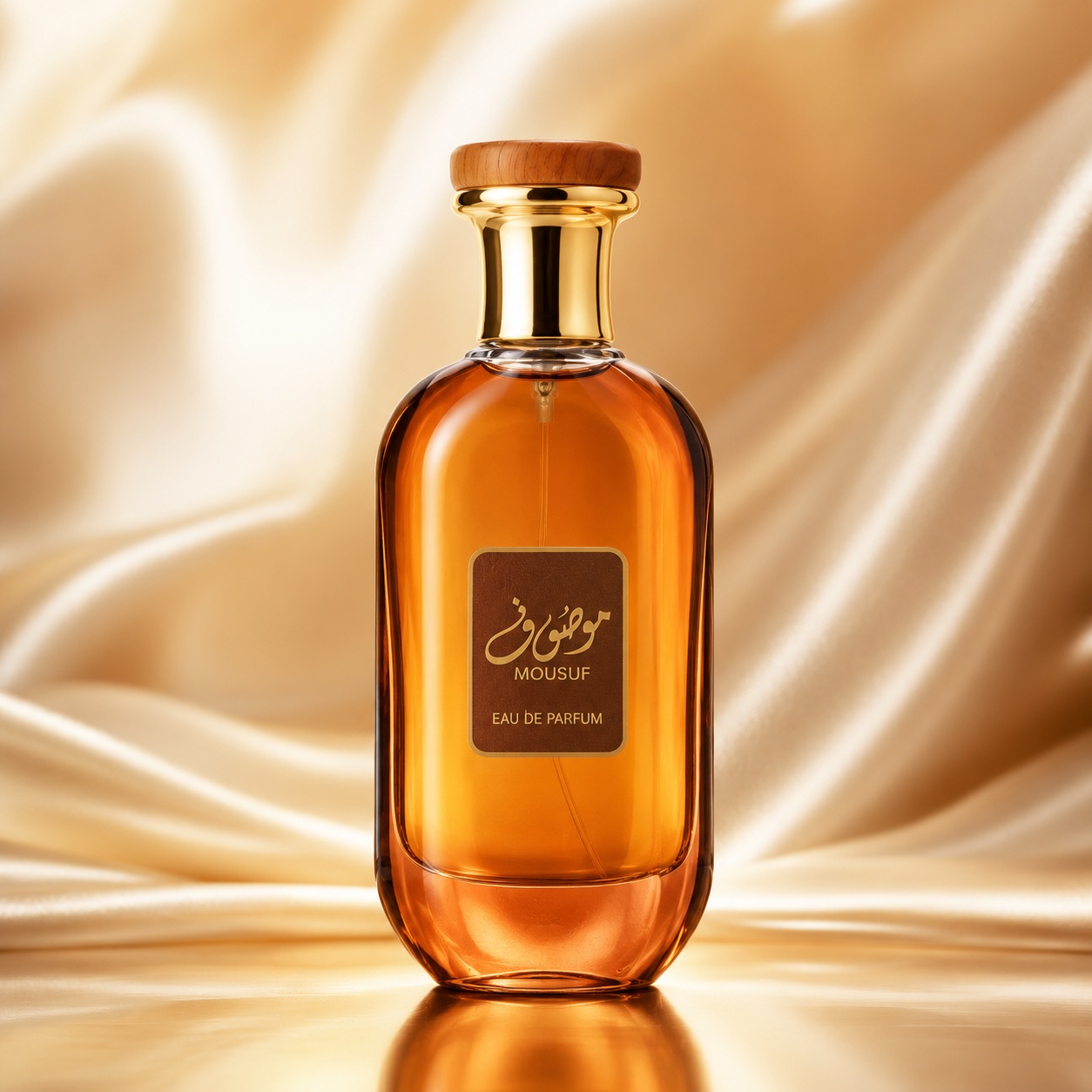 Sticlă parfum Ard Al Zaafaran Mousuf 100 ml pe fundal satinat auriu premium