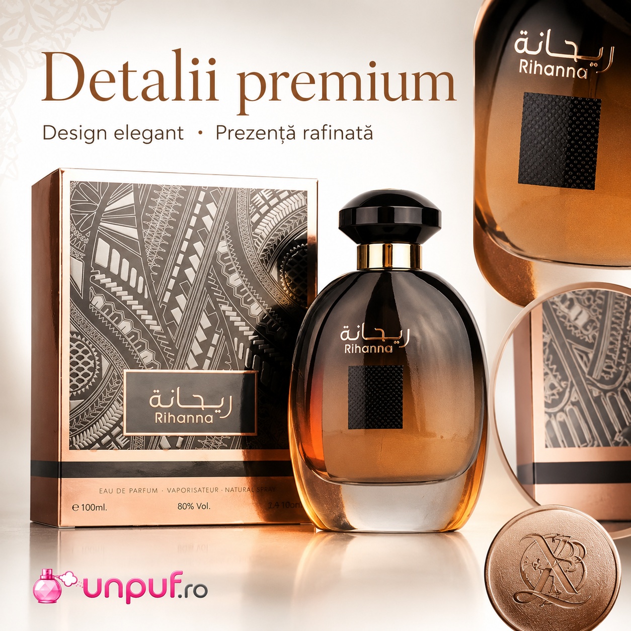 Prezentare premium Ard Al Zaafaran Rihanna cu sticlă elegantă, cutie rose gold și detalii rafinate