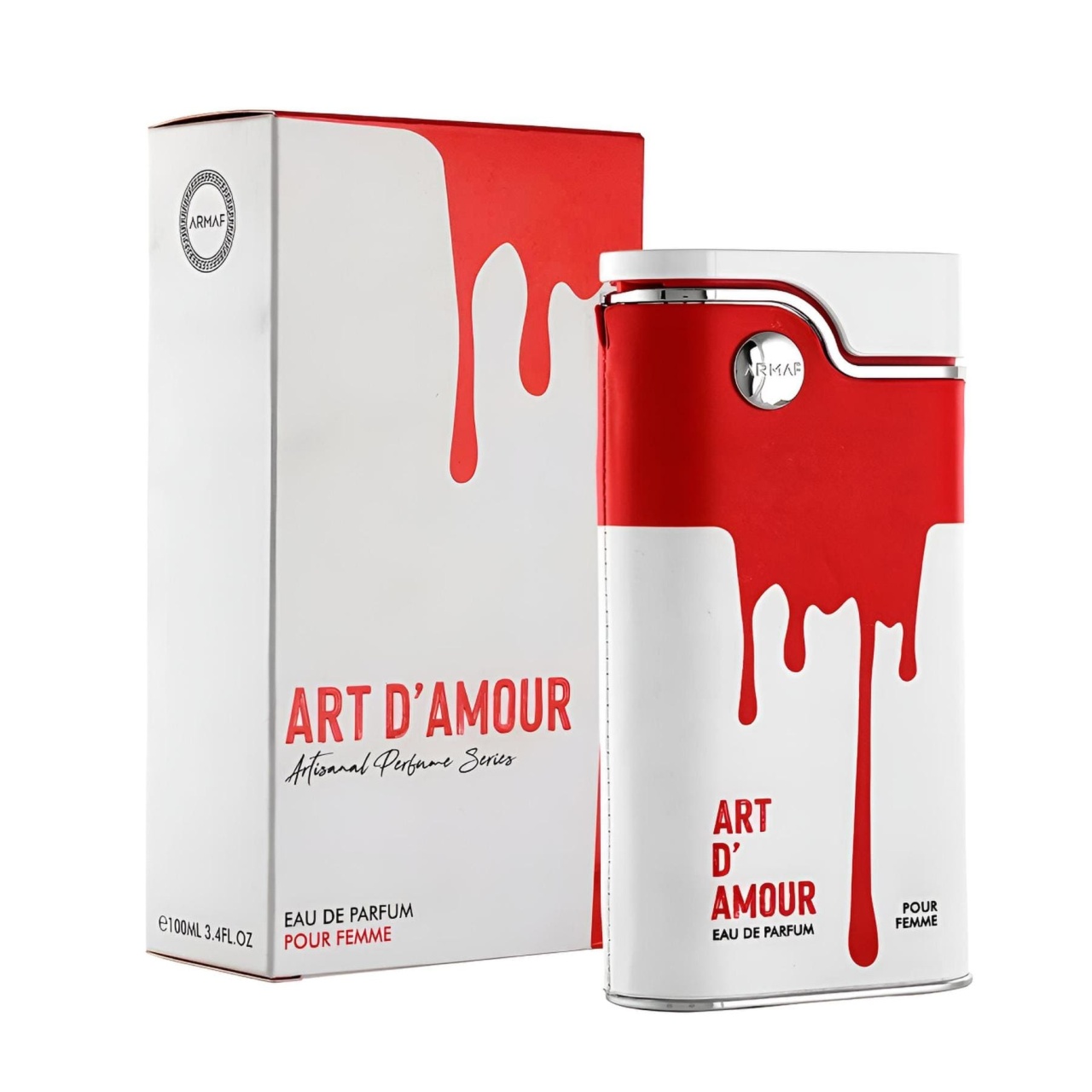 Flacon original Armaf Art D&rsquo;Amour 100 ml cu cutie albă și roșie parfum de damă