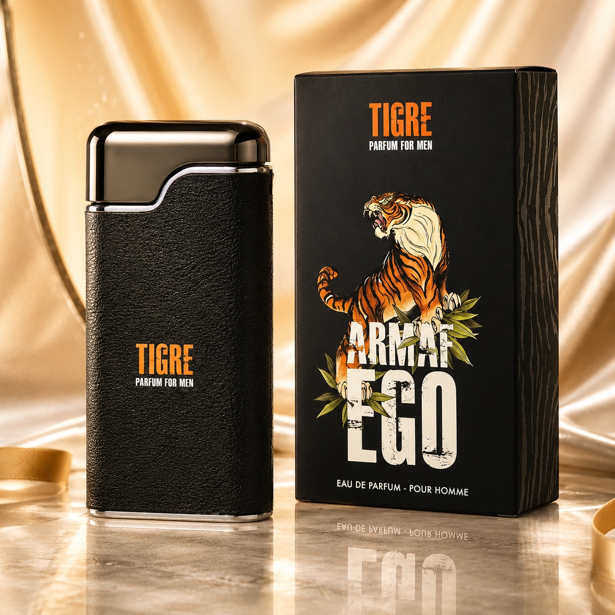 Parfum Arăbesc Armaf Ego Tigre 100 ml cu flacon negru texturat și cutie premium cu tigru