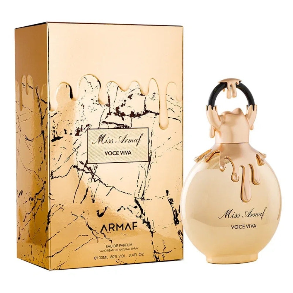 Flacon original Armaf Miss Voceviva 100 ml cu cutie aurie marmorizată și design premium pentru damă
