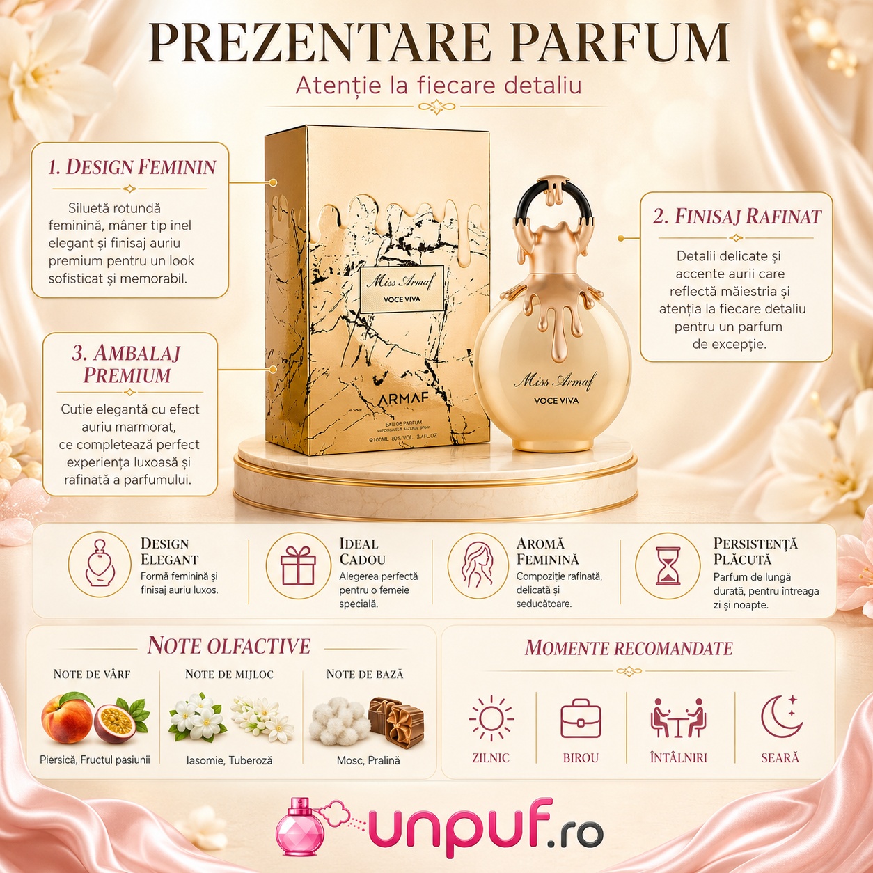 Prezentare Armaf Miss Voceviva cu design feminin, ambalaj premium, aromă feminină, persistență plăcută și note de piersică, fructul pasiunii, iasomie, tuberoză, mosc și pralină