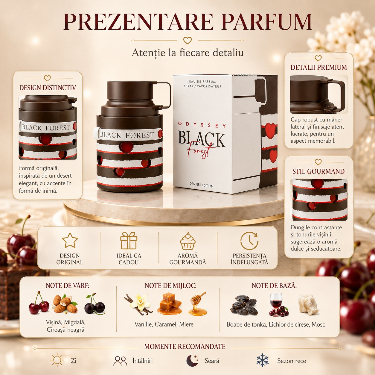 Prezentare Armaf Odyssey Black Forest Dessert cu note de vișină, migdală, cireașă neagră, vanilie, caramel, miere, tonka, lichior de cireșe și mosc