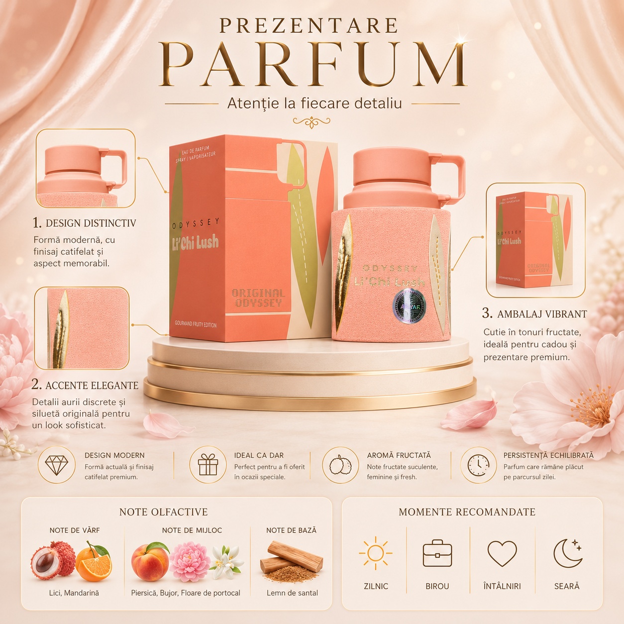 Prezentare Armaf Odyssey Lichi Lush cu lici, mandarină, piersică, bujor, floare de portocal și lemn de santal