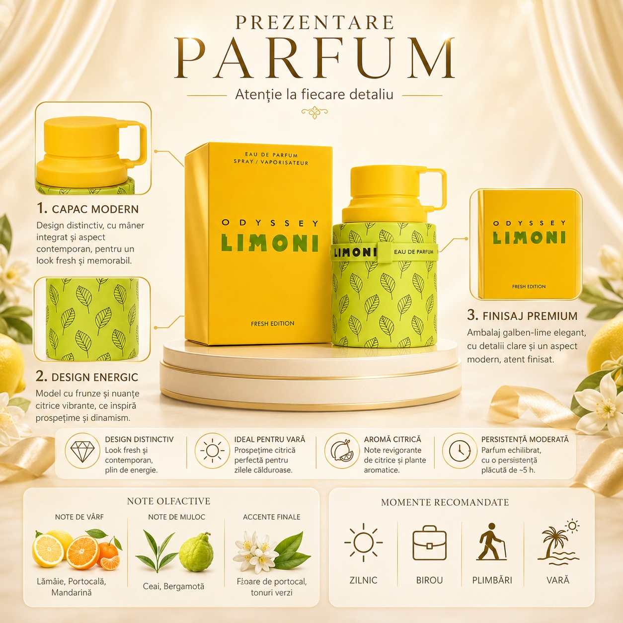 Prezentare Armaf Odyssey Limoni Fresh Edition cu note de lăm&acirc;ie, portocală, mandarină, ceai, bergamotă, floare de portocal și tonuri verzi
