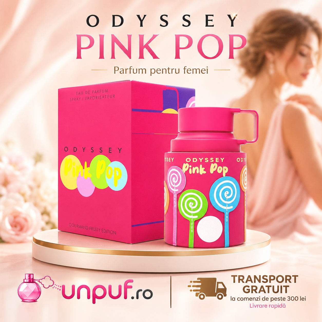 Armaf Odyssey Pink Pop parfum pentru femei cu prezentare premium și aromă dulce floral fructată