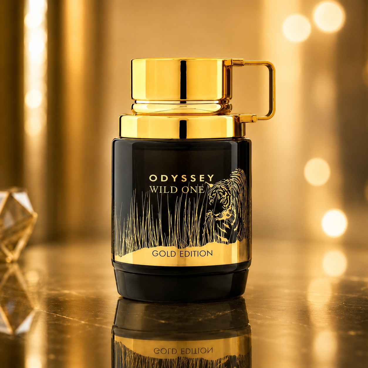 Flacon Armaf Odyssey Wild One Gold Edition 100 ml negru cu detalii aurii și capac premium