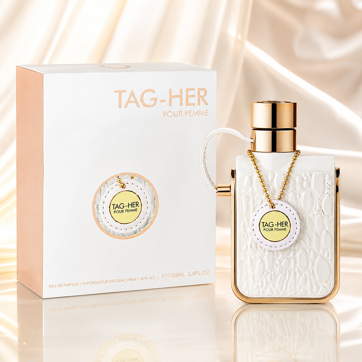 Parfum Arăbesc Armaf Tag Her 100 ml cu flacon alb auriu și cutie premium albă