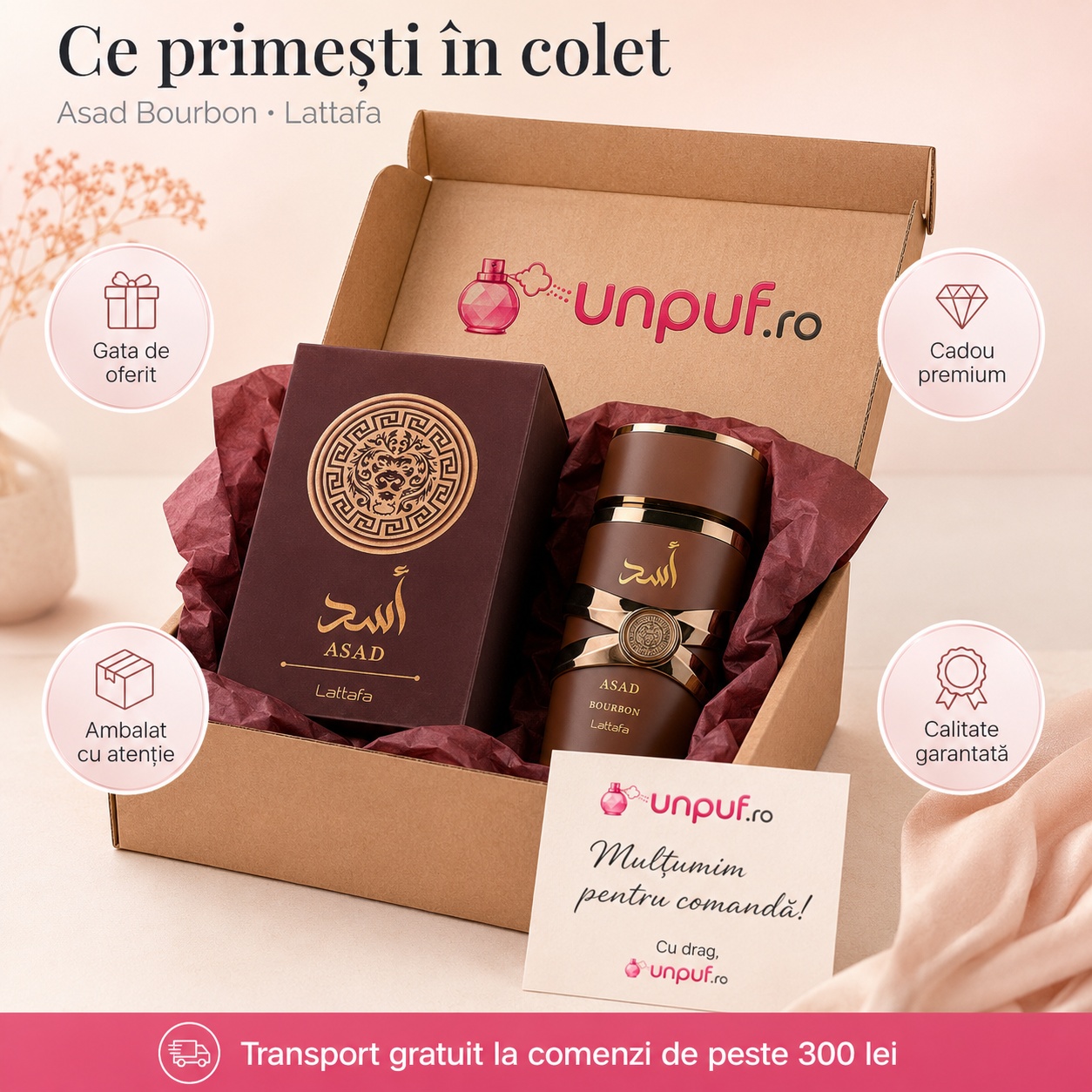 Ce primești &icirc;n colet Asad Bourbon Lattafa 100 ml parfum bărbat ambalat cu atenție cadou premium