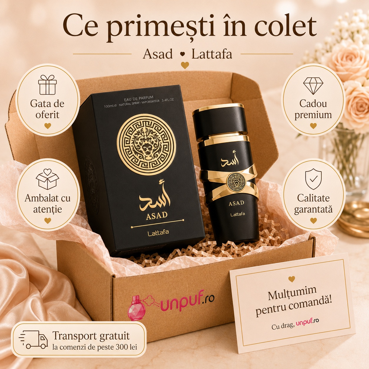 Ce primești &icirc;n colet Asad Lattafa 100 ml parfum bărbat ambalat cu atenție cadou premium