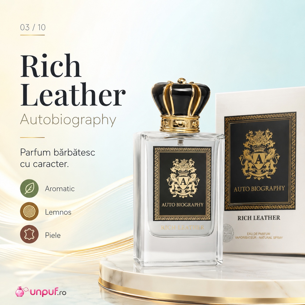 Autobiography Rich Leather parfum bărbătesc cu caracter, acorduri aromatic, lemnos și piele