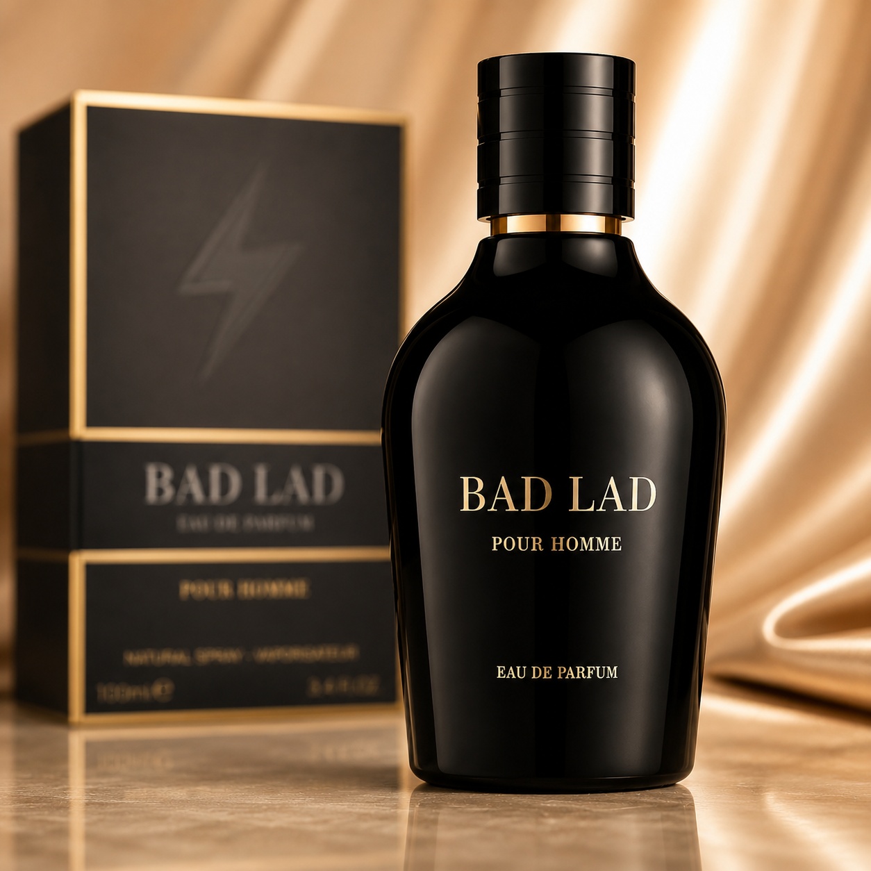 Flacon Bad Lad Fragrance World 100 ml parfum bărbat negru lucios cu text auriu și capac elegant