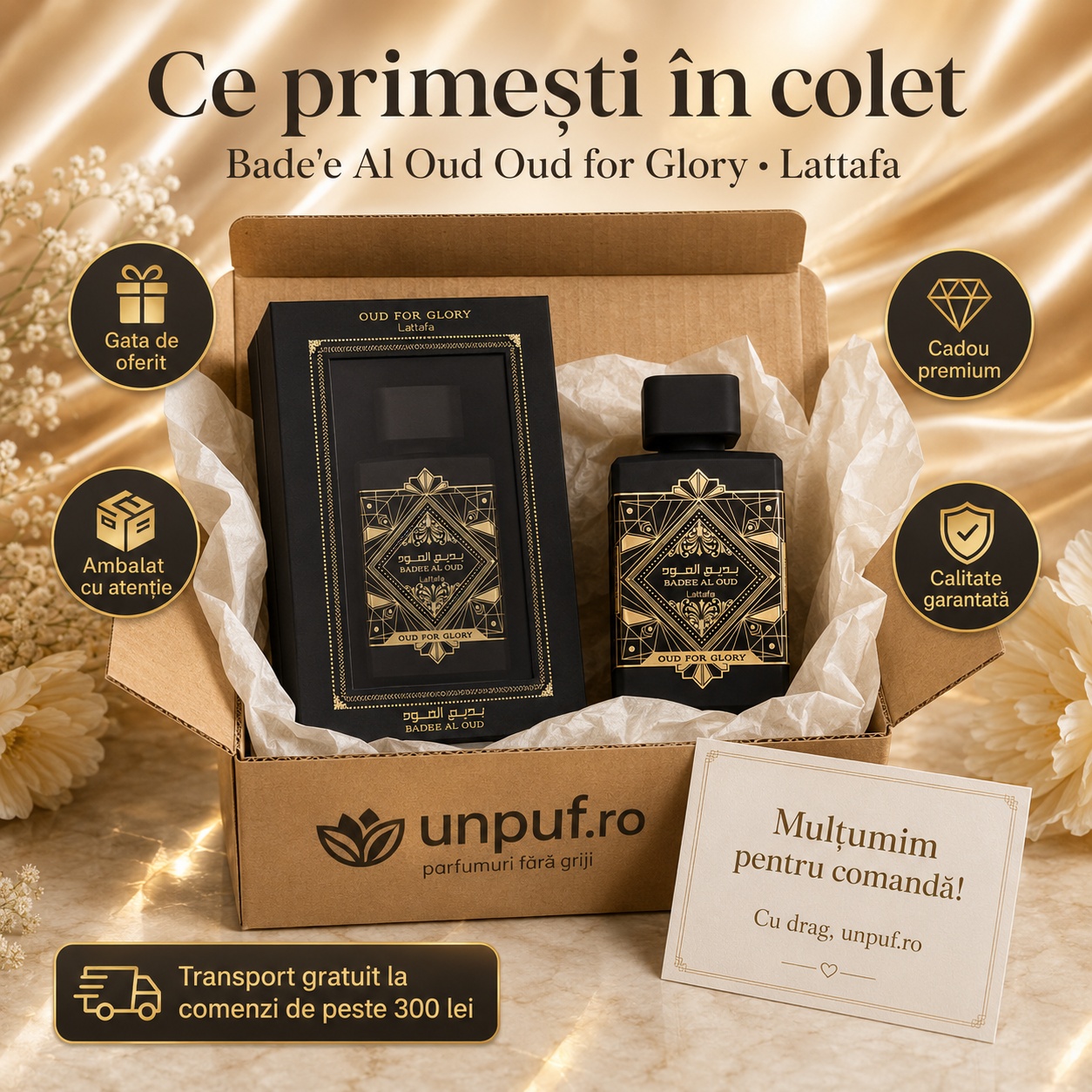 Ce primești &icirc;n colet Bade&rsquo;e Al Oud For Glory Lattafa 100 ml parfum unisex ambalat cu atenție cadou premium
